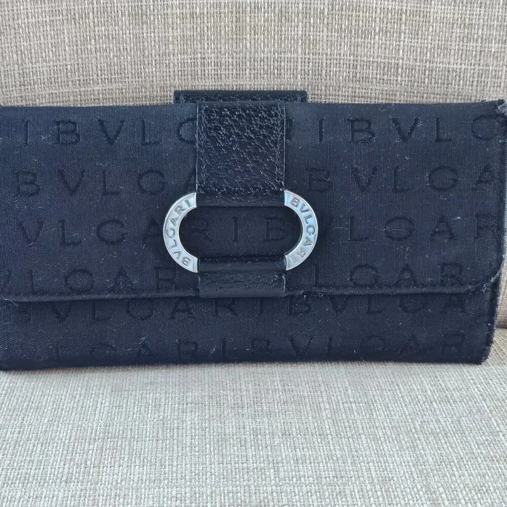 BVLGARI Clutch Long Wallet Card Holder Black Leather/Canvas Bag Purse Made Italy - Picture 2 of 14